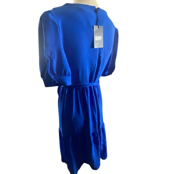DKNY Midi Dress Womens Size 8 Royal Blue Fit & Flare Tiered Tie Waist V-Neck NWT - Picture 13 of 15